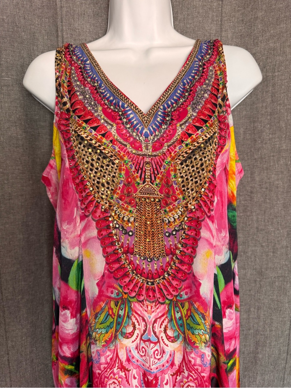 Ranees Silk Embellished Multi Color Floral Dress Bohemian Beach Cover Up Large
*
